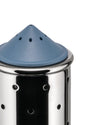 Shiny metal spice infuser with a blue conical lid by Alessi, featuring perforations on the lid and cylindrical body.