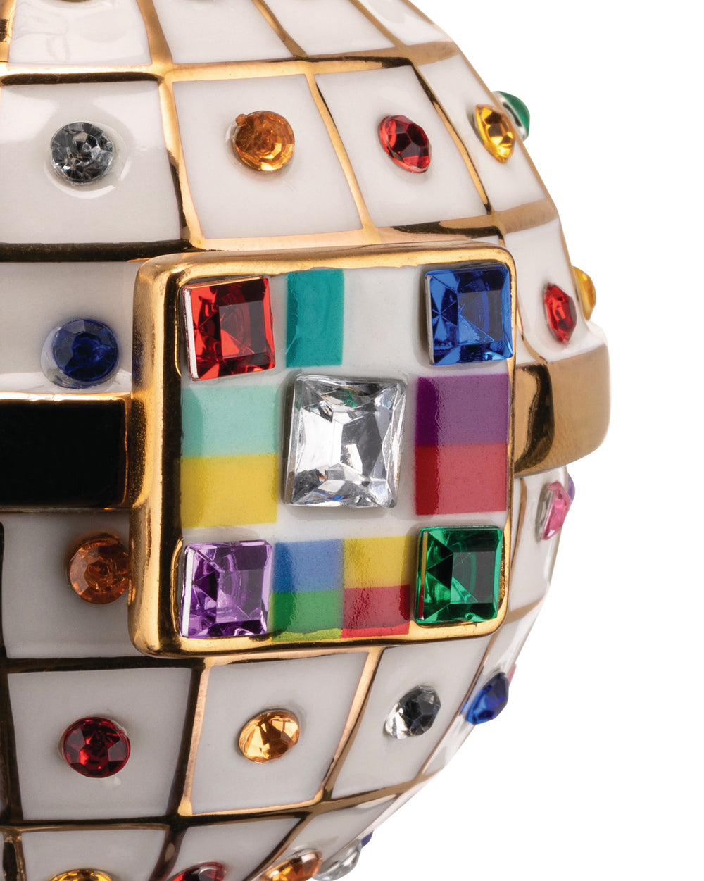 White and gold Engagement Ball by Alessi, richly adorned with colorful faceted gems and a prominent multi-colored square motif.