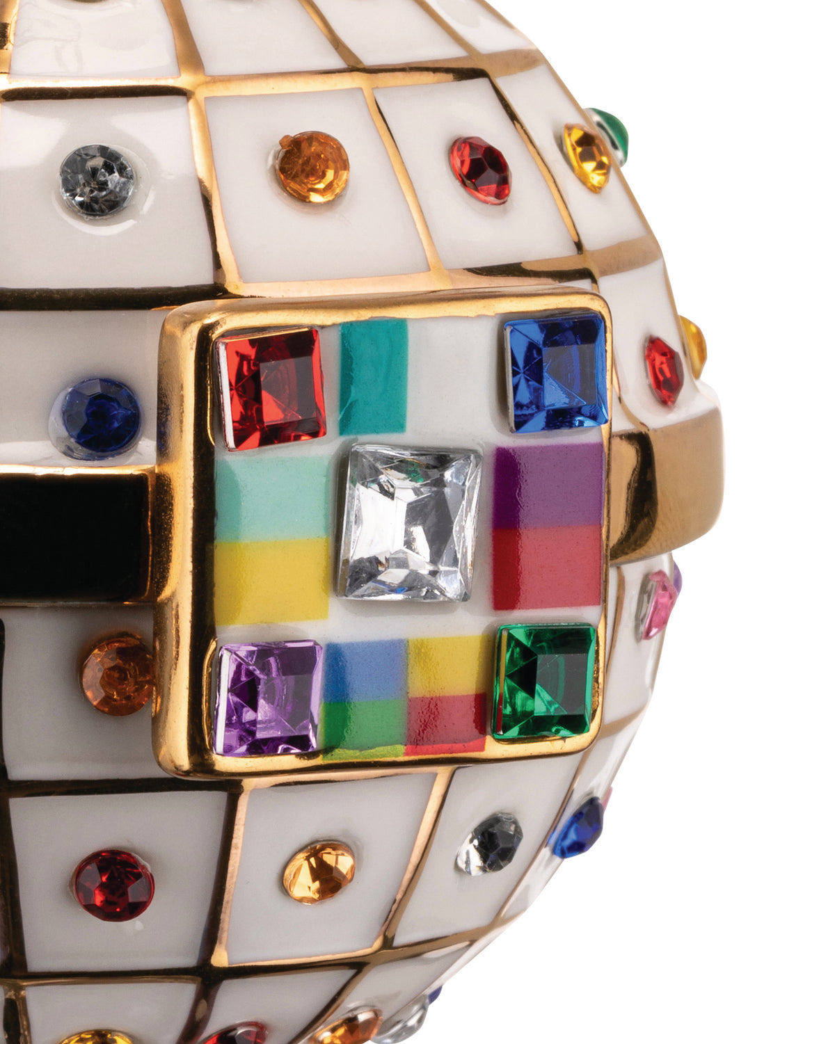 White and gold Engagement Ball by Alessi, richly adorned with colorful faceted gems and a prominent multi-colored square motif.