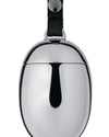 Polished chrome bell by Alessi, with a black vertical slot and a textured black strap.
