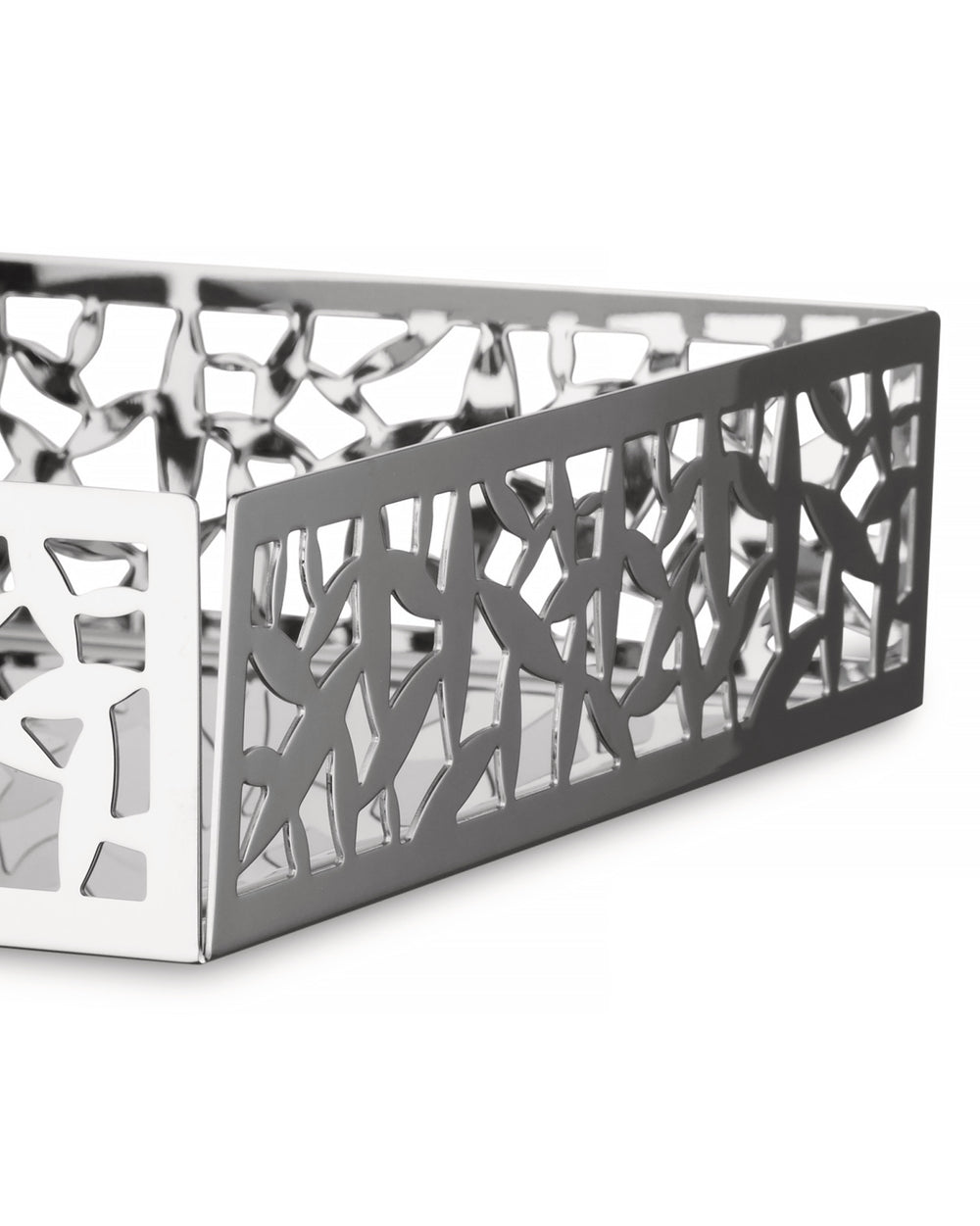 Silver metallic 'CACTUS!' decorative tray by Alessi, with intricate organic laser-cut sides.