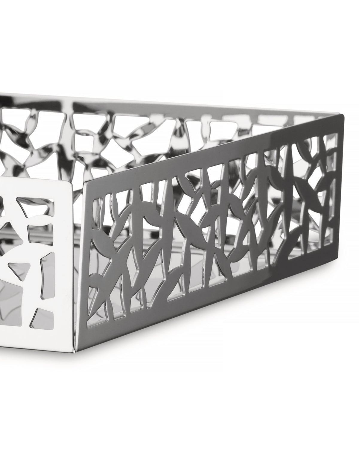 Silver metallic 'CACTUS!' decorative tray by Alessi, with intricate organic laser-cut sides.