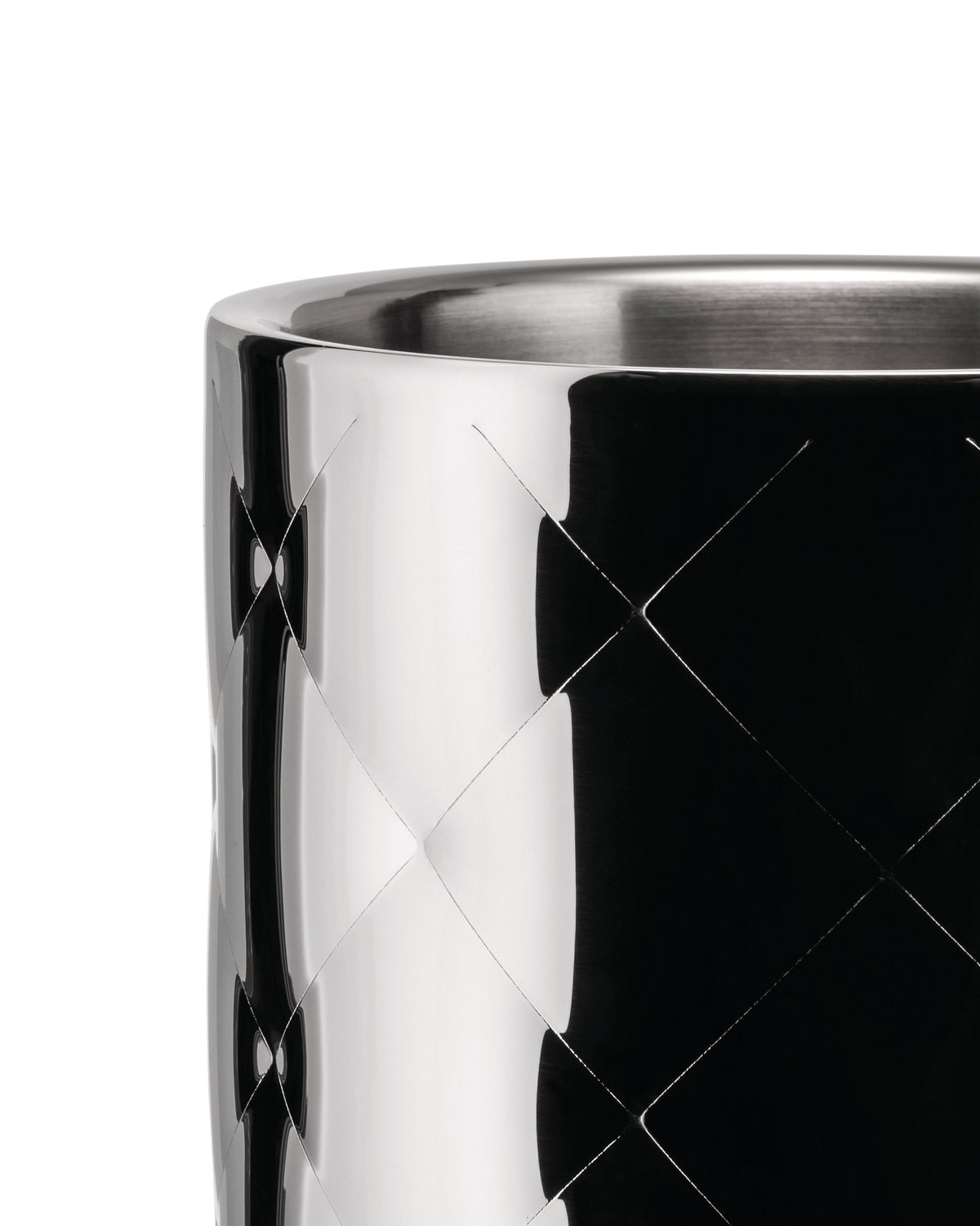 Polished stainless steel ice bucket by Alessi, featuring a diamond quilted pattern.