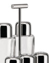 Stainless steel and glass oil cruet set by Alessi, featuring sleek caps and perforated shakers on a stand.