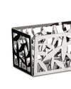 Rectangular polished metal basket by Alessi with an abstract cactus cutout pattern, angled view.