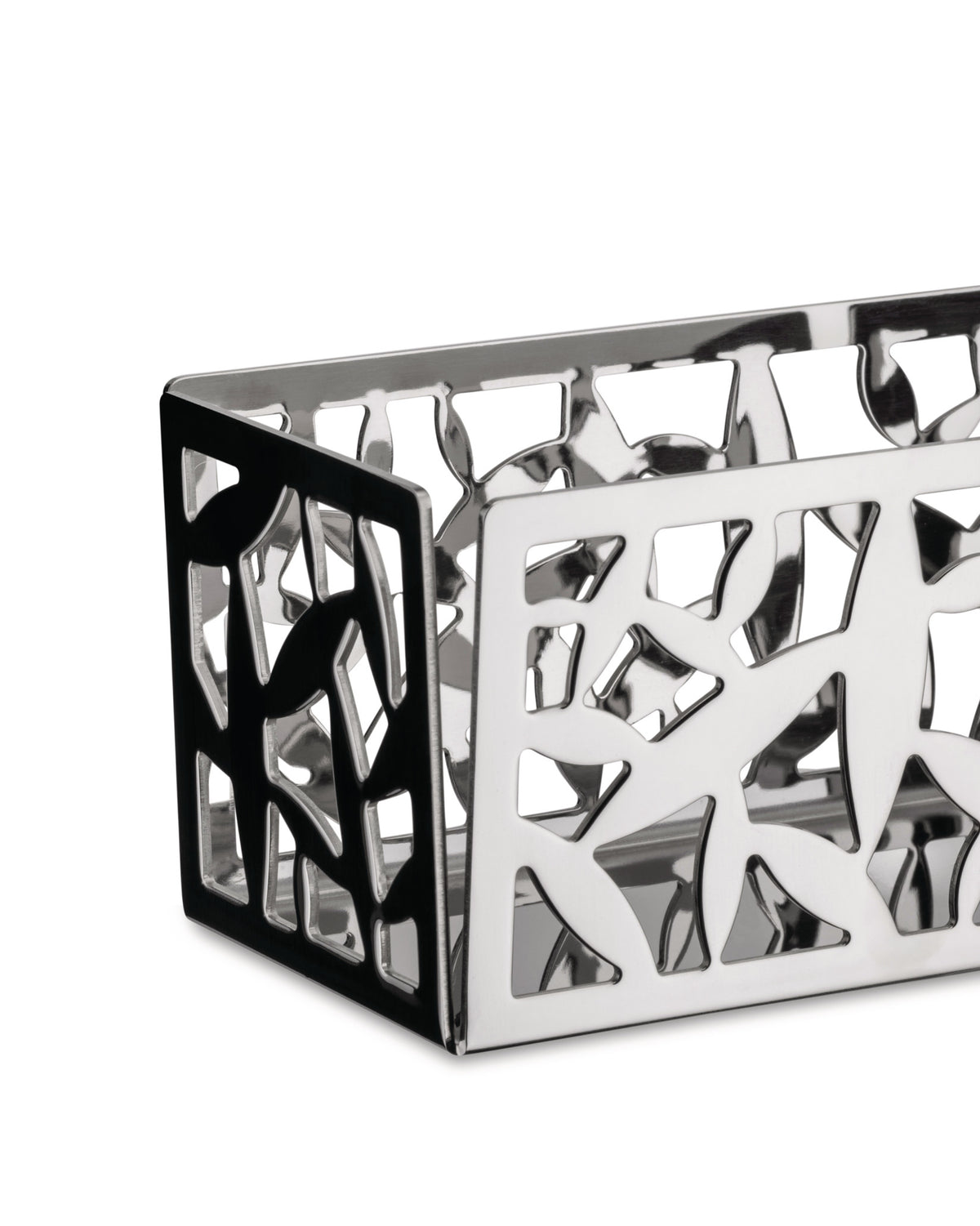 Rectangular polished metal basket by Alessi with an abstract cactus cutout pattern, angled view.