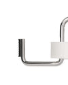 Shiny silver U-shaped metal clip by Alessi featuring a serrated edge and white insert.