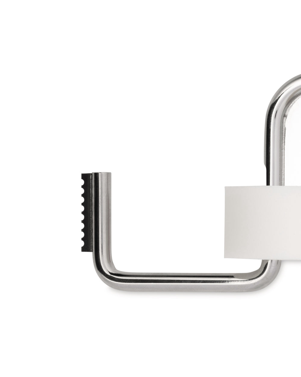 Shiny silver U-shaped metal clip by Alessi featuring a serrated edge and white insert.