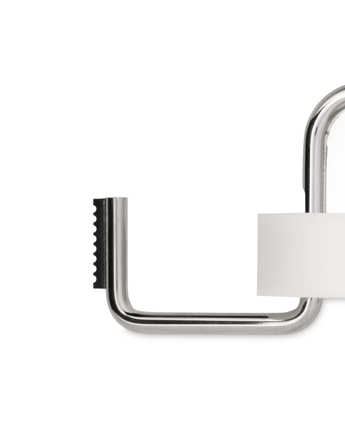 Shiny silver U-shaped metal clip by Alessi featuring a serrated edge and white insert.