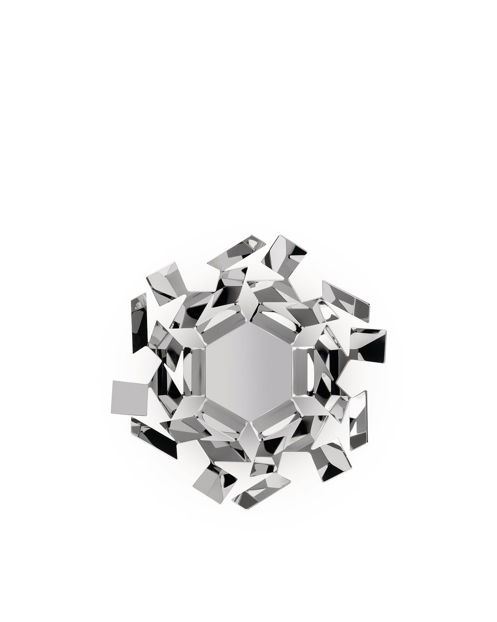 Silver metal centerpiece by Alessi, featuring a hexagonal center surrounded by scattered, angular geometric shards.