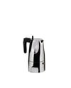 Polished silver moka pot by Alessi, with an angular design and ergonomic black handle.