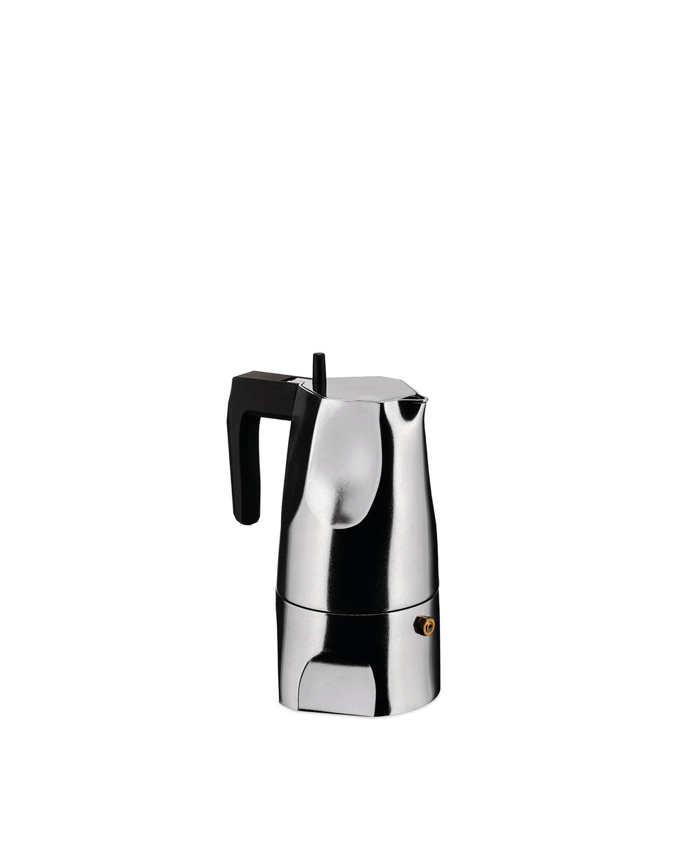 Polished silver moka pot by Alessi, with an angular design and ergonomic black handle.