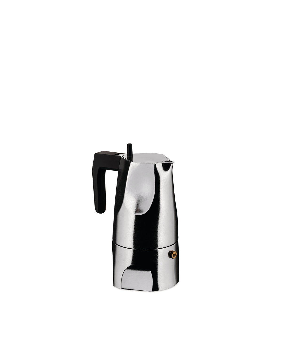 Polished silver moka pot by Alessi, with an angular design and ergonomic black handle.