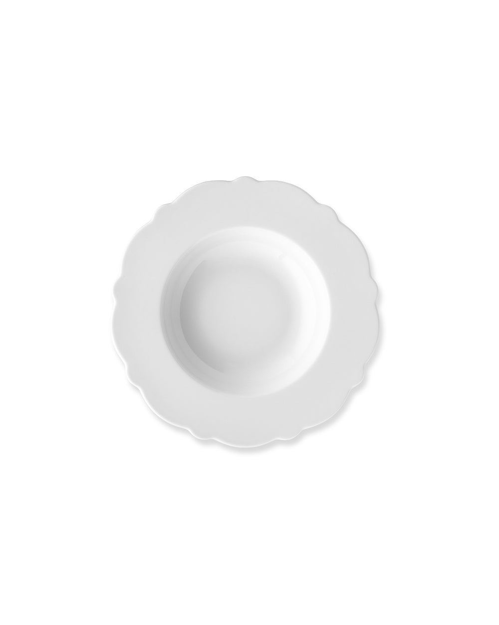 White scalloped soup plate by Alessi, with a plain glossy finish, viewed from above.