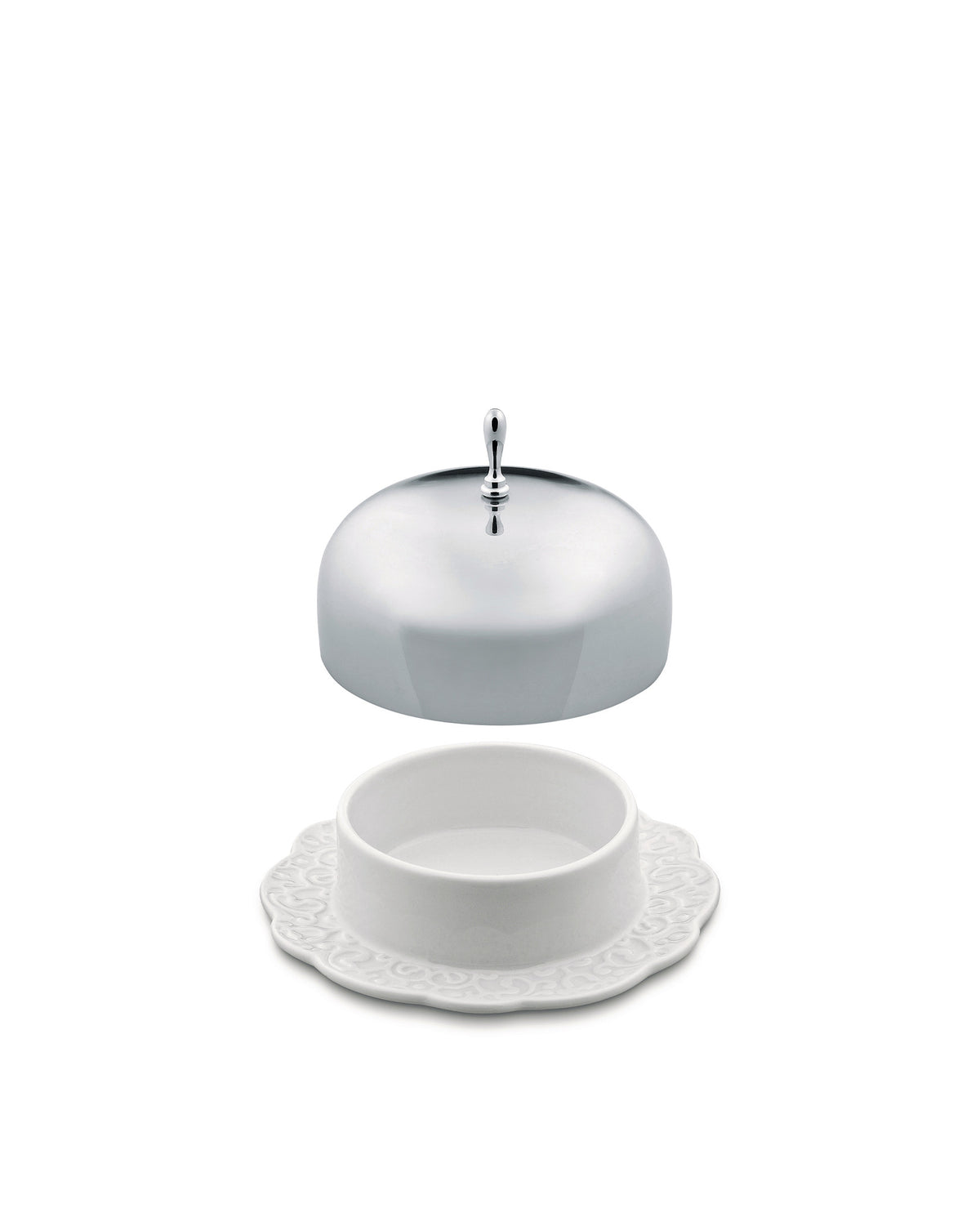 White ceramic butter dish by Alessi with a shiny domed silver lid floating above an ornate embossed base.