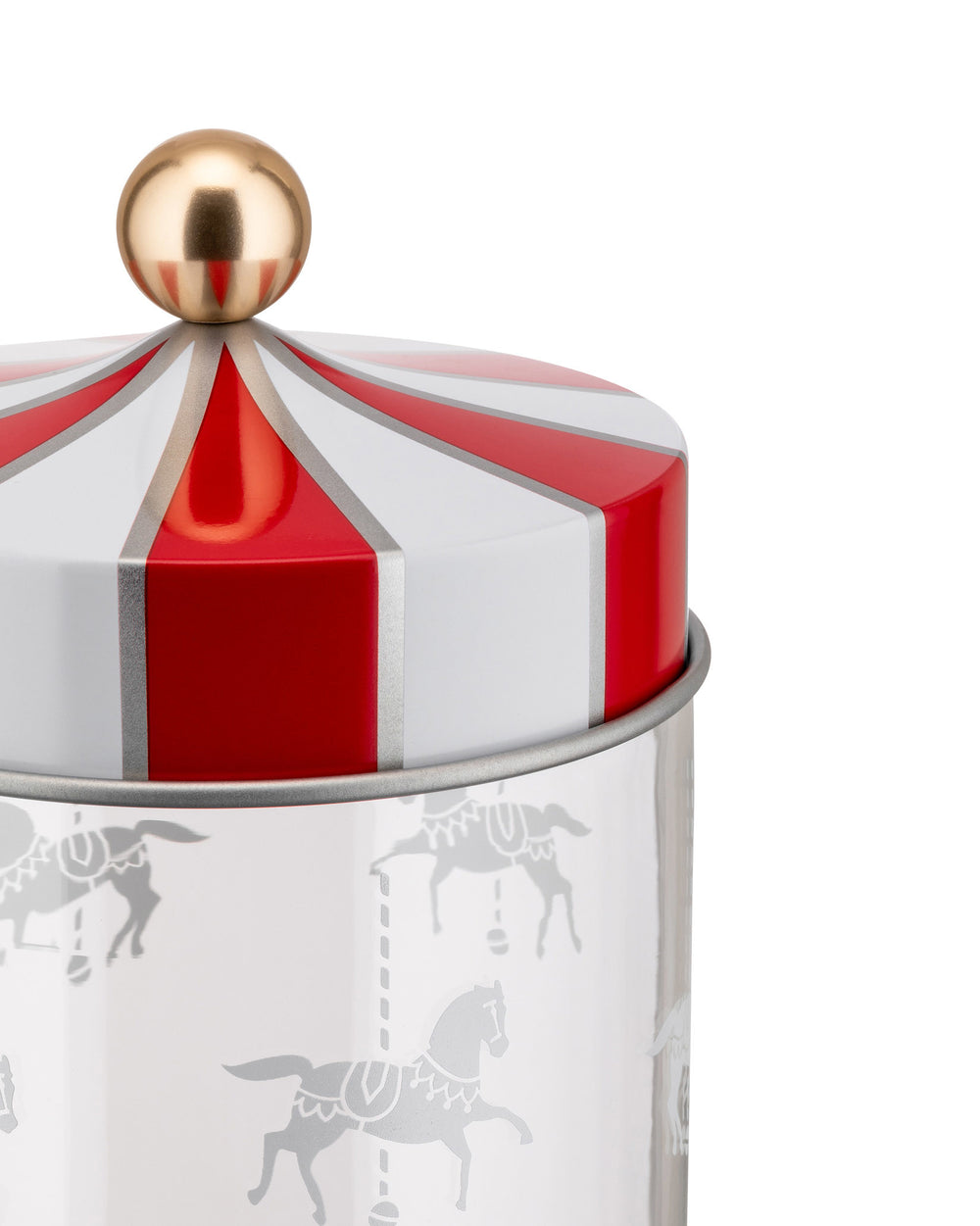 Red and white striped decorative tin by Alessi with a gold spherical knob and grey carousel horse illustrations.