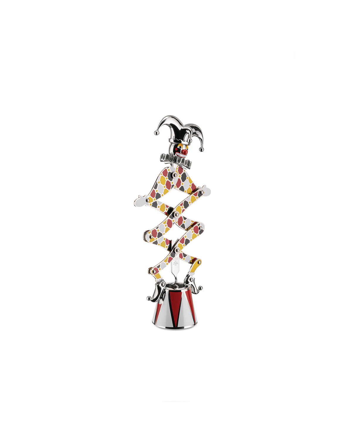 A metallic jester figure by Alessi with a colorful harlequin patterned zigzag body, clown face, and circus tent base.