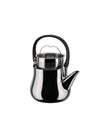 Chrome finish teapot with an internal tea infuser by Alessi, featuring a black ergonomic handle and spout.