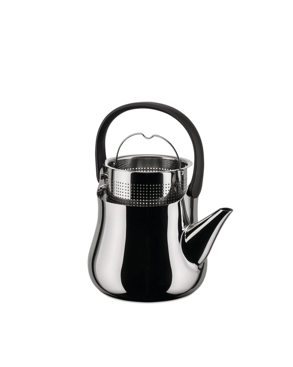 Chrome finish teapot with an internal tea infuser by Alessi, featuring a black ergonomic handle and spout.