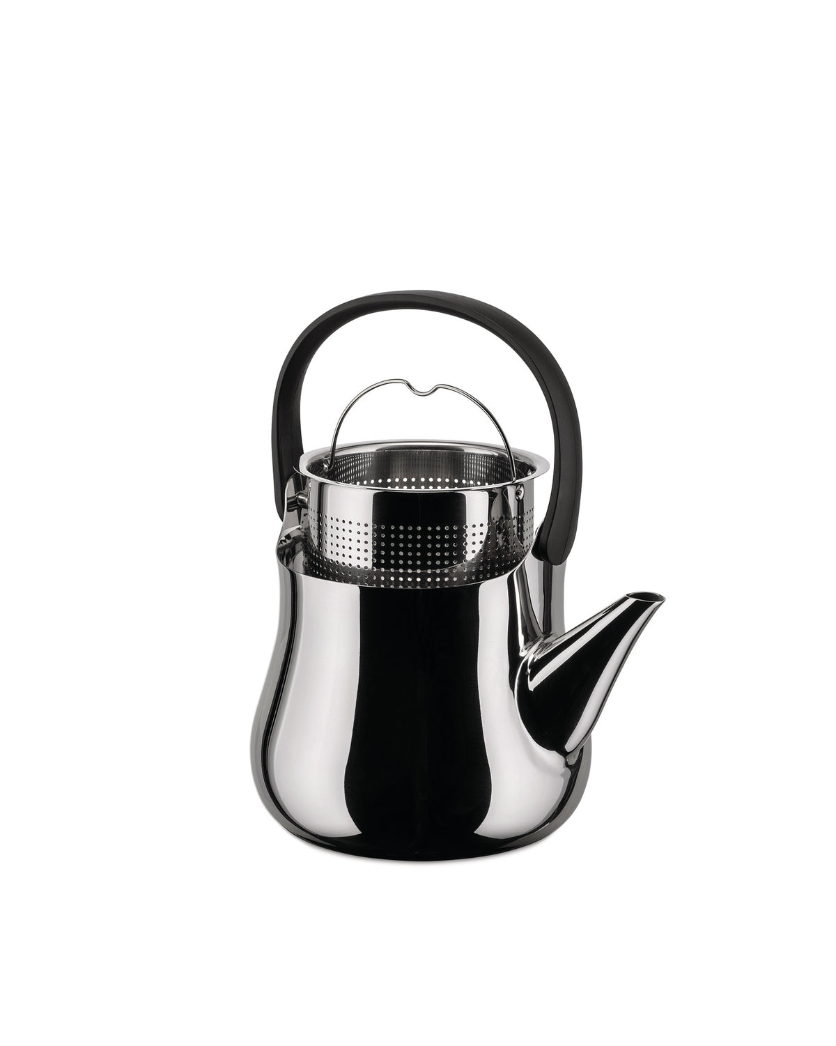 Chrome finish teapot with an internal tea infuser by Alessi, featuring a black ergonomic handle and spout.