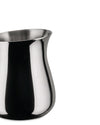 Silver polished metal creamer by Alessi, with a sleek, curved design on a white background.