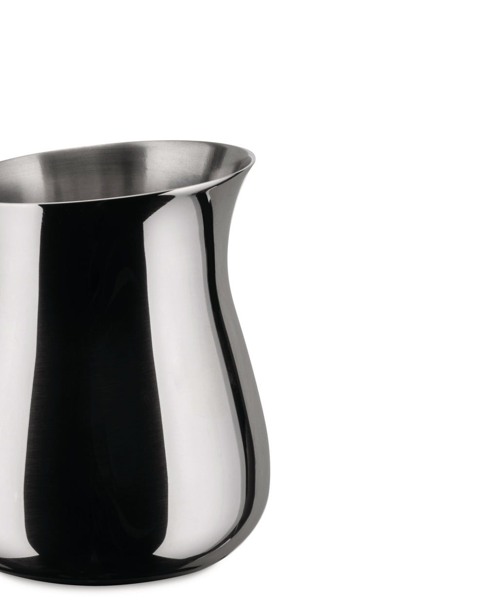 Silver polished metal creamer by Alessi, with a sleek, curved design on a white background.