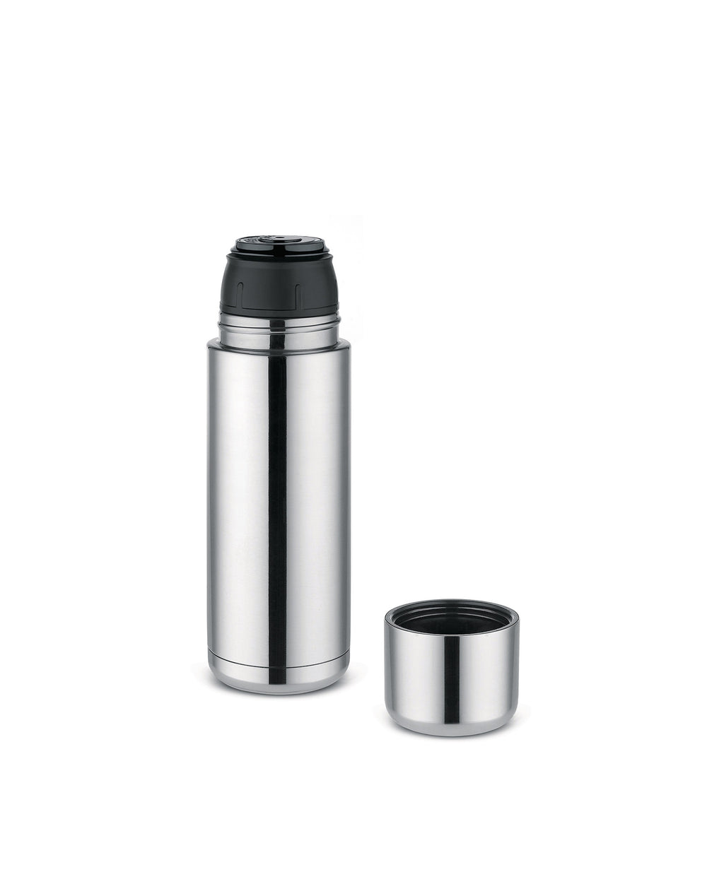 Shiny stainless steel thermos by Alessi, with a black cap and matching removable cup.