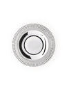 Round silver charger plate by Alessi with a reflective center and a ridged, vertically grooved rim.