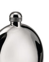 Chrome hip flask by Alessi with a ribbed cap, shiny and reflective, shown cropped.
