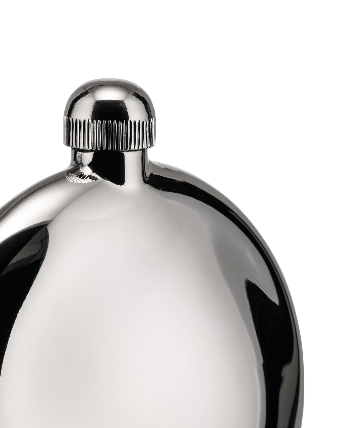 Chrome hip flask by Alessi with a ribbed cap, shiny and reflective, shown cropped.