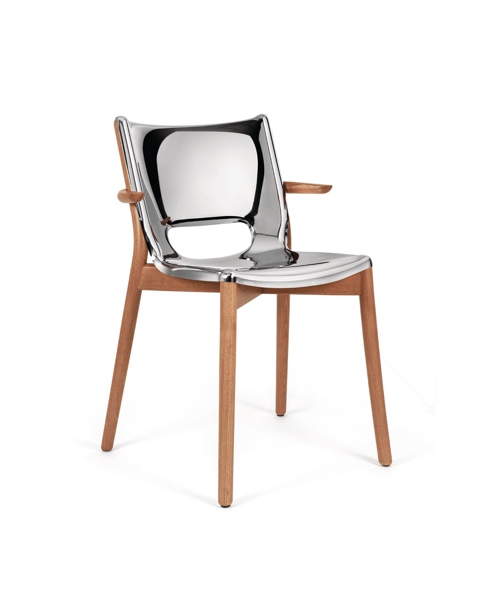 Chrome and wood chair by Alessi with curved, reflective seat and back, and small wooden armrests.