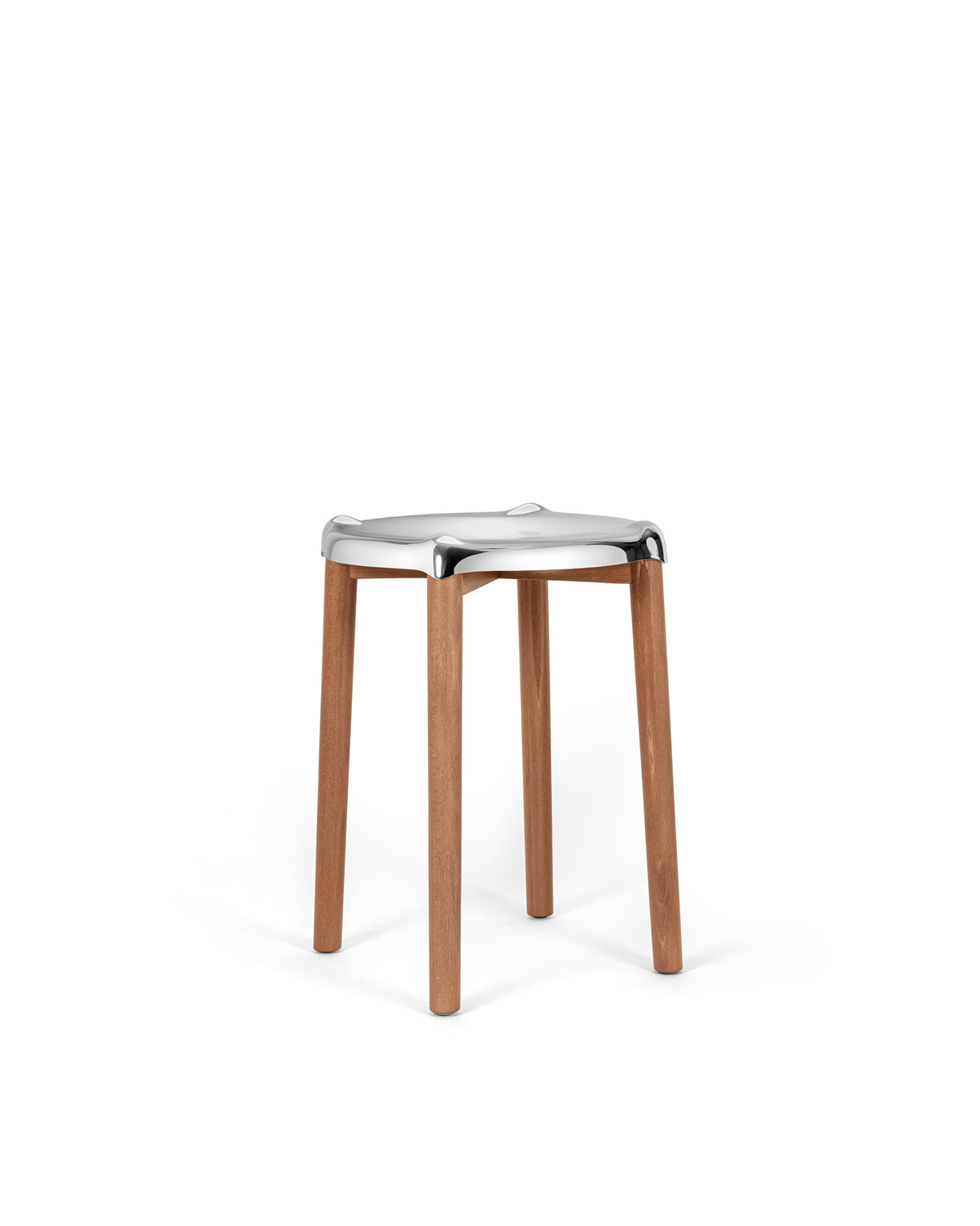 Modern stool by Alessi featuring a shiny chrome seat with wavy contours and four natural wood legs.
