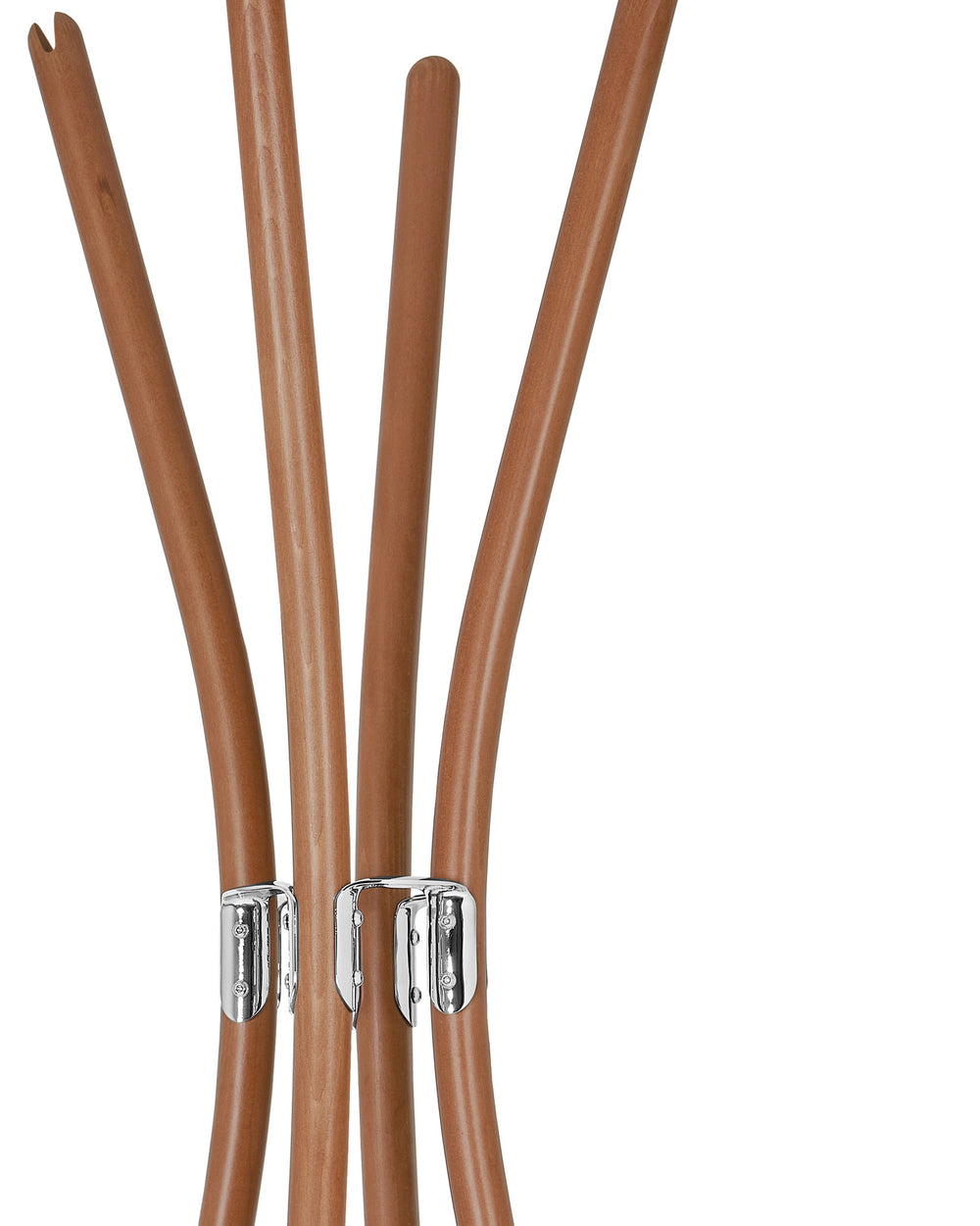 A brown wooden coat stand by Alessi with multiple curved rods and shiny silver metal fittings.