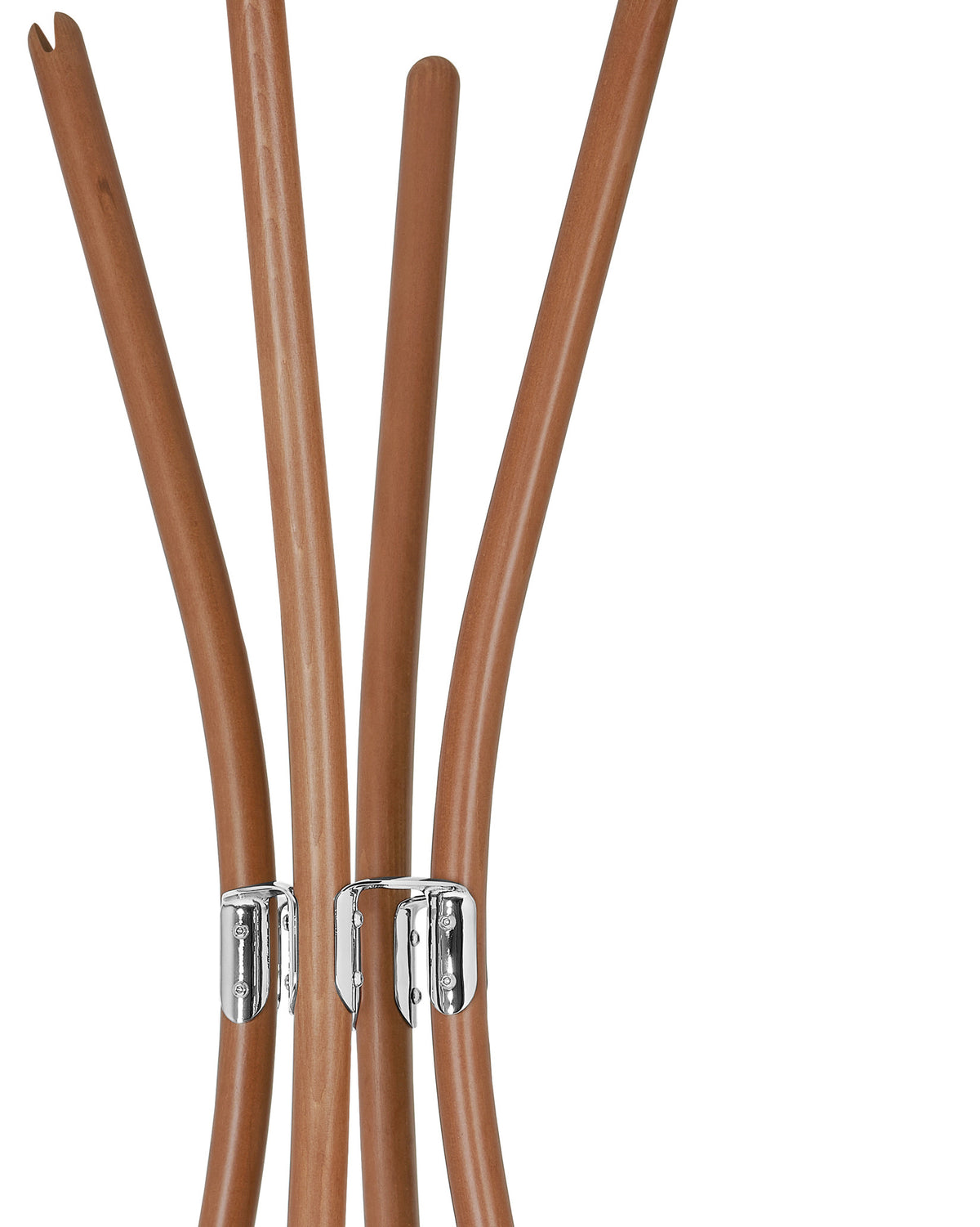 A brown wooden coat stand by Alessi with multiple curved rods and shiny silver metal fittings.