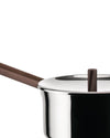 Stainless steel saucepan by Alessi with a long brown handle and matching lid knob.
