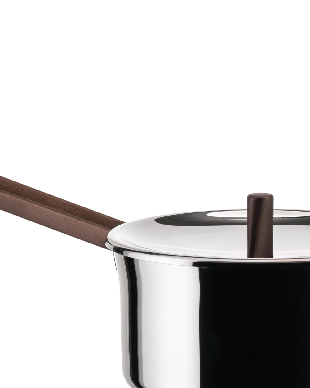 Stainless steel saucepan by Alessi with a long brown handle and matching lid knob.