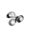 Silver multi-compartment serving dish by Alessi with three organically shaped, reflective compartments.