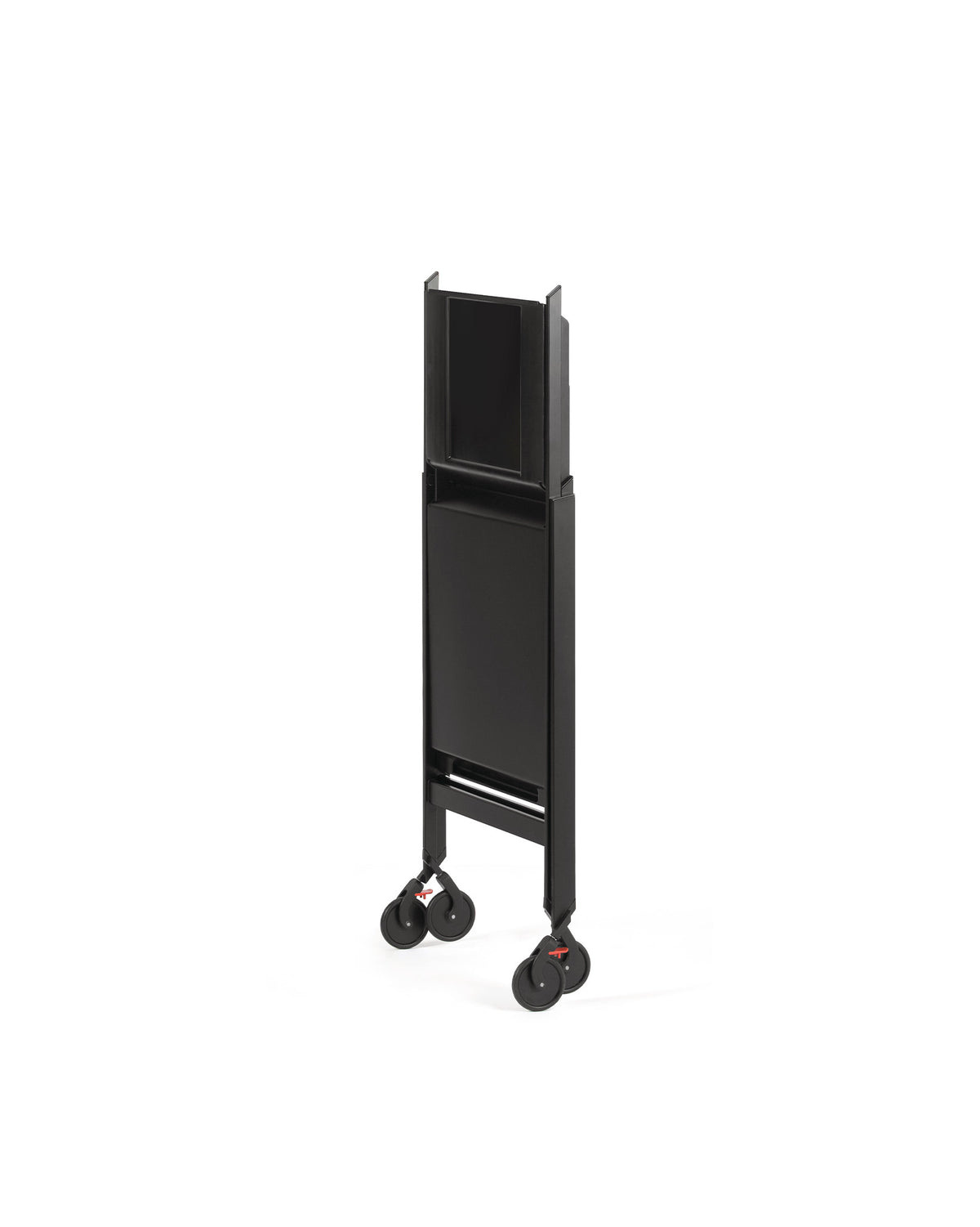 Black folding trolley by Alessi, upright with small black wheels and red accents.