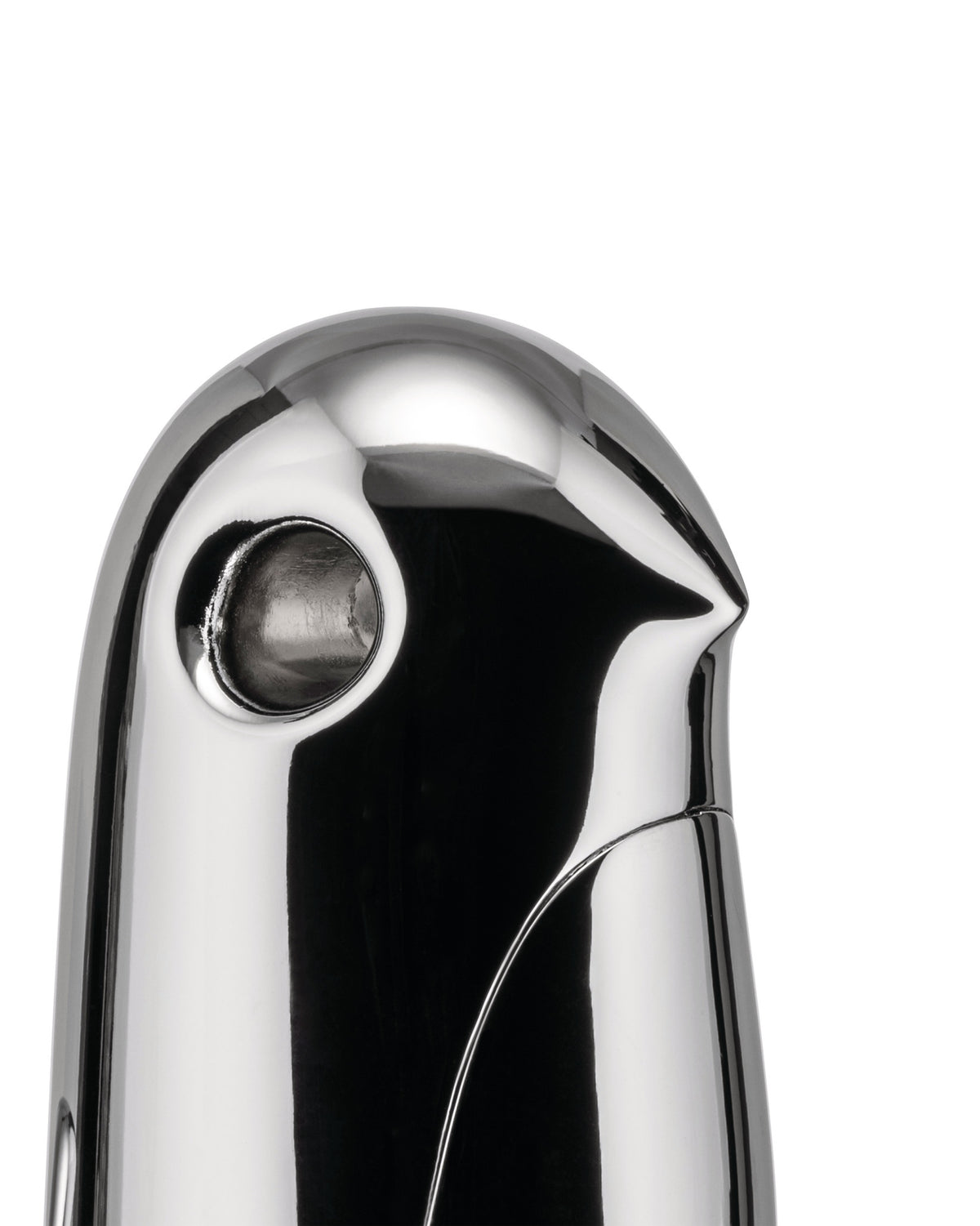 Sleek chrome stylized bird by Alessi, with a prominent circular indent and reflective finish.