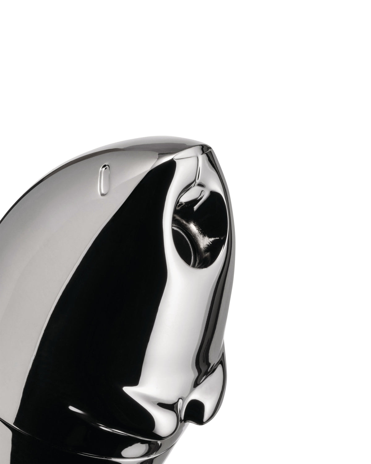 Sleek chrome Kastor pencil sharpener by Alessi, with a reflective, beaver-shaped design and visible sharpening hole.