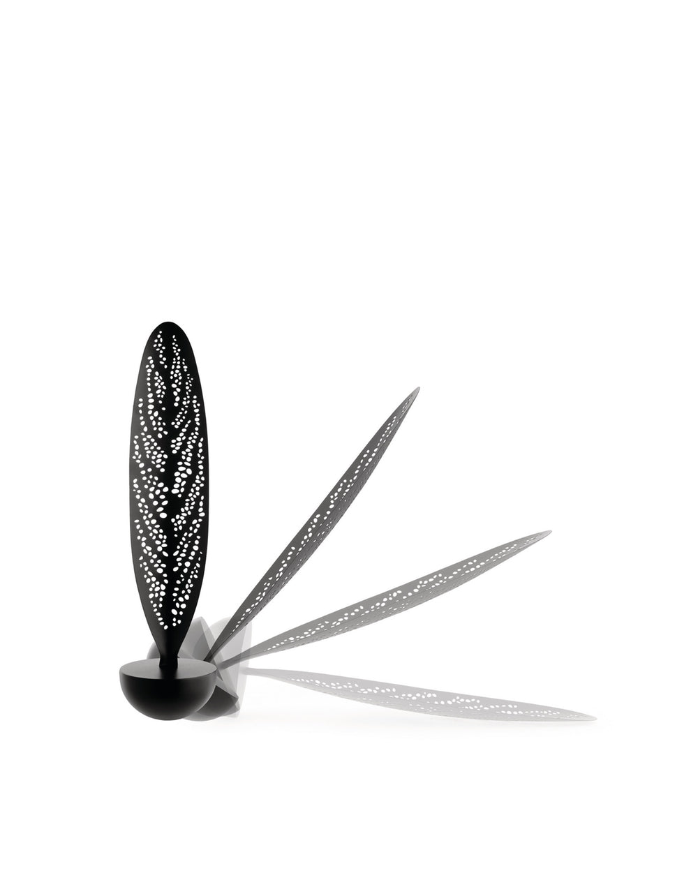 Black oscillating fan by Alessi with a tall, oval fin featuring intricate perforated designs, shown in motion.