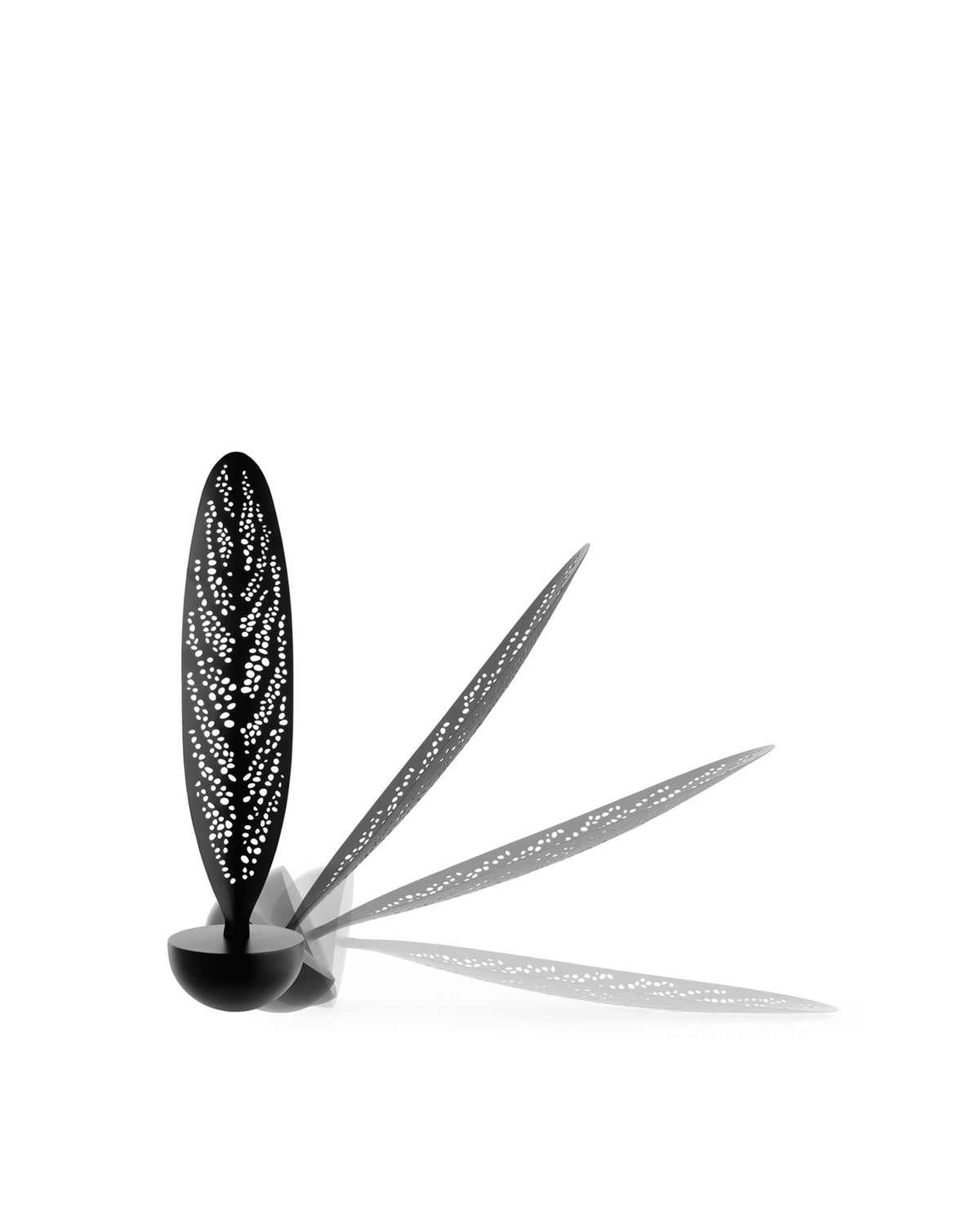 Black oscillating fan by Alessi with a tall, oval fin featuring intricate perforated designs, shown in motion.