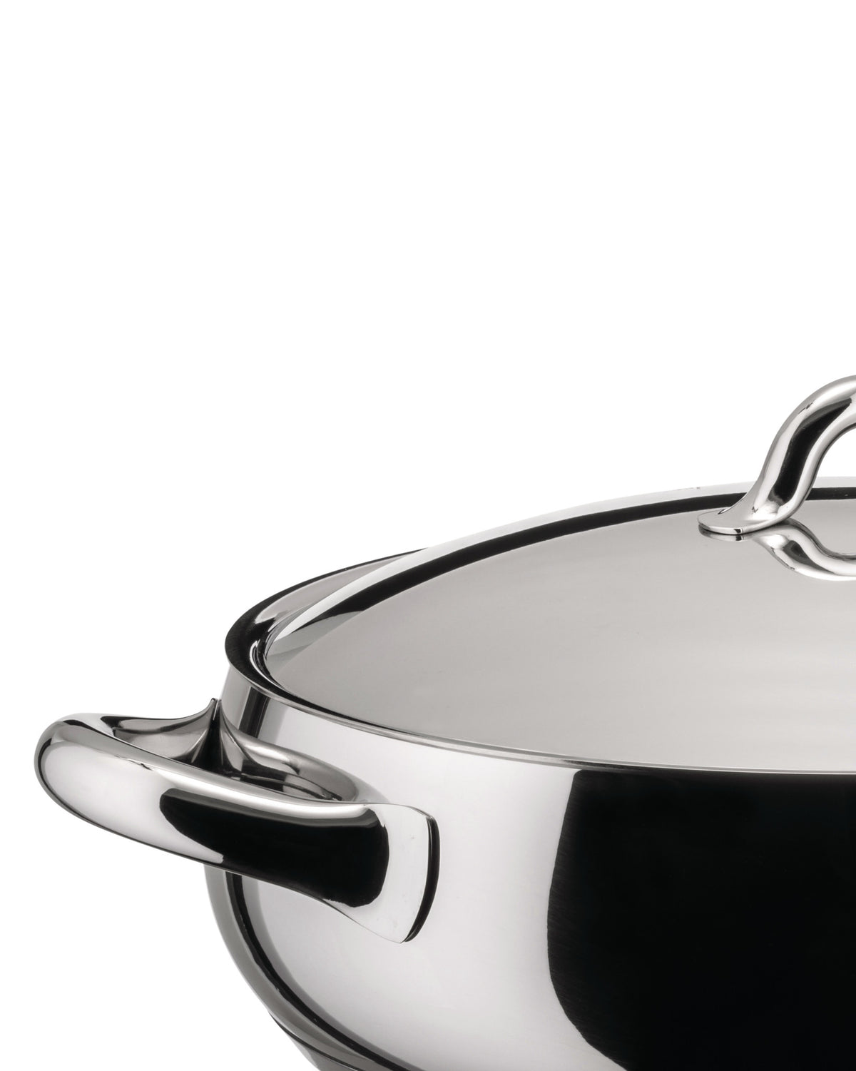 Stainless steel casserole by Alessi with a highly reflective finish, domed lid, and sleek side handles.