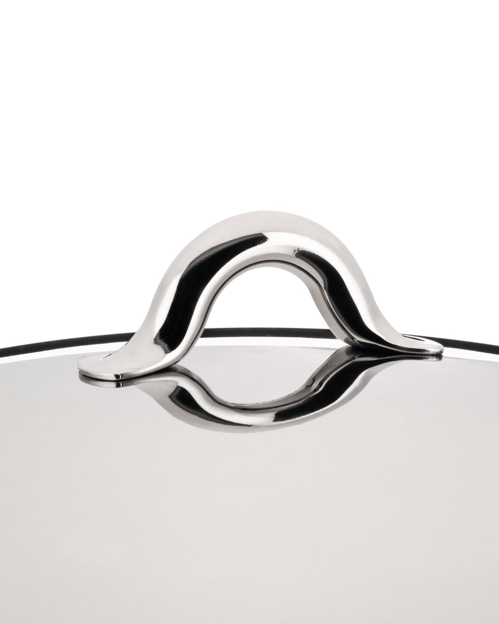 Polished stainless steel Mami cookware lid by Alessi, featuring a sleek, curved arch handle and its reflection.