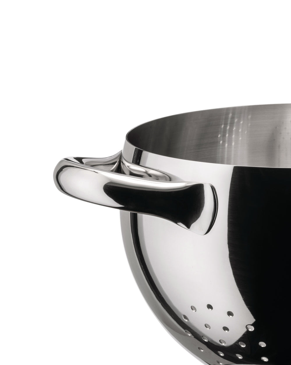 Stainless steel colander by Alessi, a close-up side view showing its shiny, perforated bowl and curved handle.
