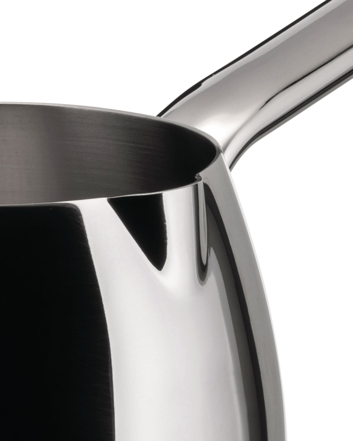 Polished stainless steel saucepan by Alessi, with a contrasting brushed interior and mirror-polished exterior, close-up.