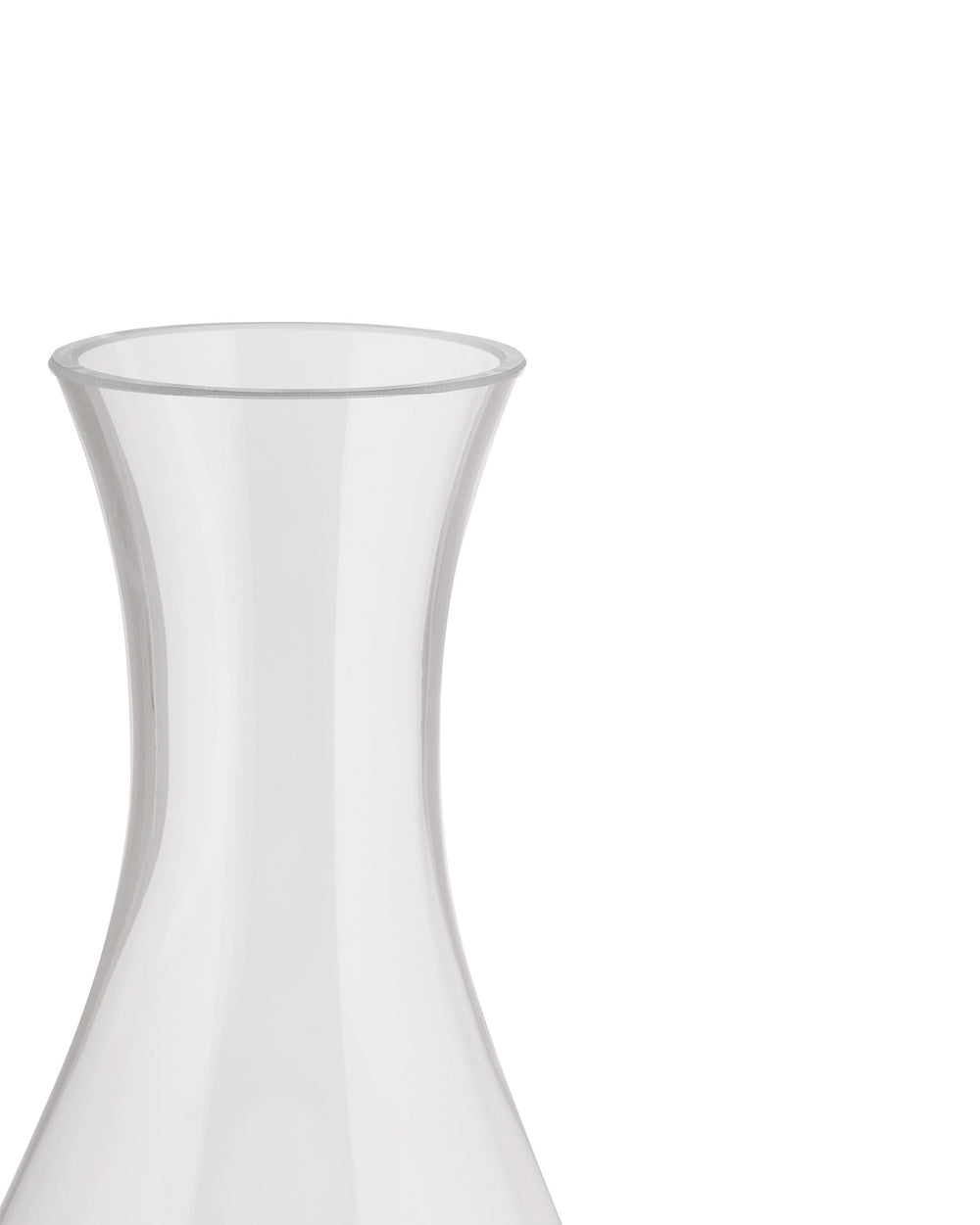 Clear glass Mami vase by Alessi with a wide opening and gracefully curved body, cropped.