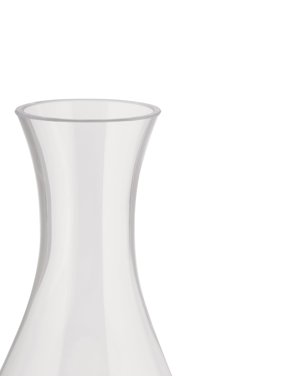 Clear glass Mami vase by Alessi with a wide opening and gracefully curved body, cropped.