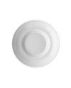 A white glossy round plate by Alessi, shown from an overhead perspective.