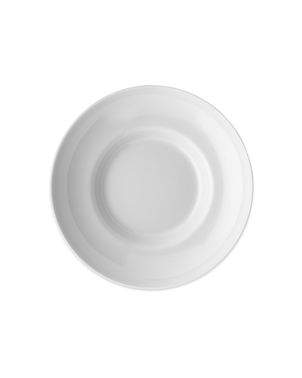 A white glossy round plate by Alessi, shown from an overhead perspective.